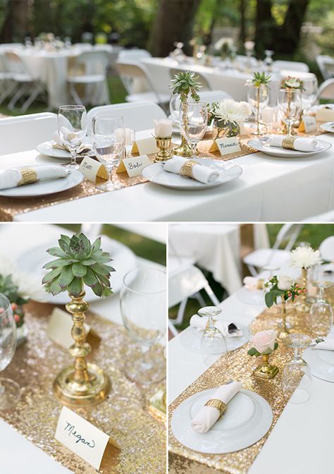 White And Gold Wedding Themes, White Wedding Table Decor, Gold Table Decorations, Wedding Food Table, Gold Table Decor, Gold Table Setting, Fest Temaer, Tafel Decor, 50th Anniversary Party