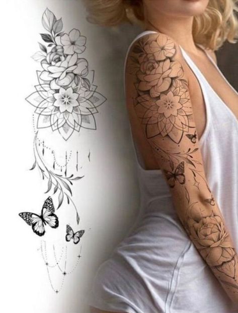 Lace Sleeve Tattoos, Floral Mandala Tattoo, Women Strength, Arm Sleeve Tattoos For Women, Floral Tattoo Shoulder, Feminine Tattoo Sleeves, Boho Tattoos, Full Arm Tattoos, Strength Tattoo