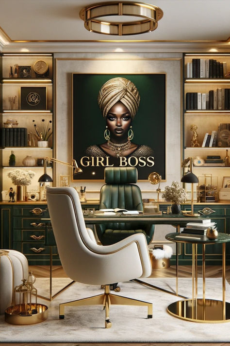 Green Gold Office Decor, Elegant Office Decor Luxury, Home Office Gold Accents, Home Office Aesthetic Luxury, Glamorous Office Ideas, Black And Gold Office Design, Dream Home Office Luxury, Upscale Office Design, Black White And Green Office