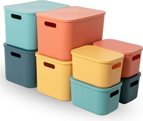 Amazon.com: HapiLeap Plastic Storage Bins with Lid, Stackable Storage Containers for Organizing, Storage Baskets for Shelves Kitchen Bathroom Playroom Classroom Office (4 Large + 4 Small) : Home & Kitchen Small Plastic Storage Bins, Small Toy Closet Organization, Nursery Storage Bins, Art Bin Storage, Kids Room Storage Ideas Organizing Toys, Small Room Toy Organization, Kids Craft Room Organization, Storage And Organization Small Spaces, Kids Arts And Crafts Storage