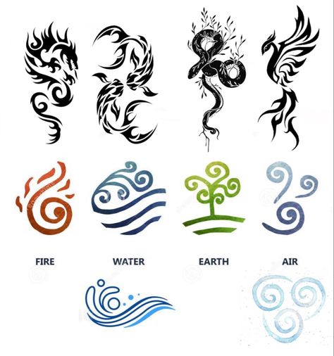 How To Draw Elements, Elemental Tattoo, Dragon Elements, Four Elements Tattoo, Element Tattoo, Avatar Tattoo, Earth Tattoo, Air Tattoo, Cool Symbols