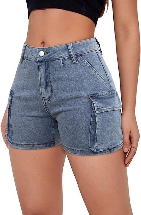 Rubugil Womens High Waisted Jean Shorts Casual Cargo Denim Shorts Stretchy Straight Leg Short Jeans with Side Pockets Light Blue M at Amazon Women’s Clothing store Jeans With Side Pockets, Cargo Shorts Outfit, Cargo Denim Shorts, Womens Jean Shorts, Jean Shorts High Waisted, Plus Size Summer Tops, Cargo Shorts Women, High Waisted Jean, Shorts Outfits Women