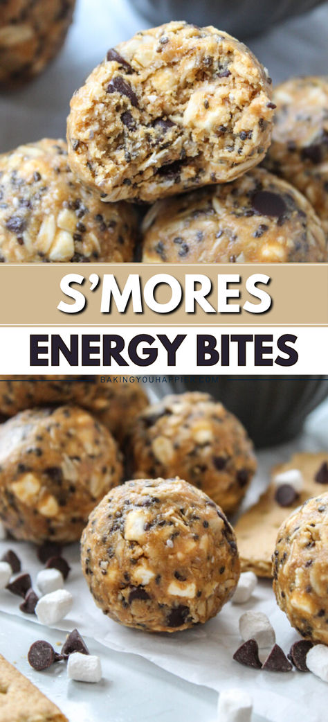 S’mores Energy Bites, a delicious 10-minute no bake high-protein snack that kids of all ages love! These are perfect for curbing appetite! Fitness Snacks, Cleaner Eating, Protein Balls Recipes, Energy Bites Recipes, No Bake Energy Bites, Healthy Protein Snacks, Energy Ball Recipe, Protein Bites, Energy Snacks