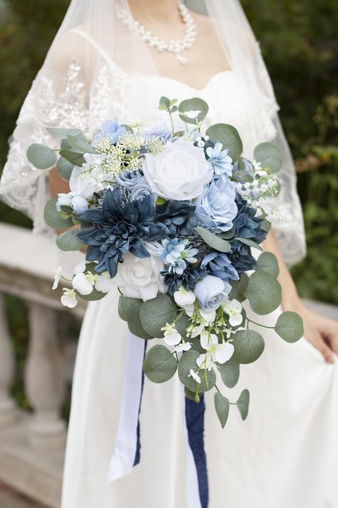 PRICES MAY VARY. Size: 17 inches high, 11 inches in diameter. Materials: The bridal bouquet is made of white rose, dusty blue roses, navy blue dahlia, gardenia, anemone, narcissus, dotted with eucalyptus and orchid. Gorgeous Dusty Blue Wedding Color Theme：Blue is always a pupular colour palette for wedding throughout the year. Our designer puts up together beautiful white, dusty blue, navy blue, grey and green colour palette for you.  It can create a stylish and fresh look or a more gorgeous and Dusty Blue Gold And Greenery Wedding, Navy Blue Beige Wedding Theme, Dusty Blue Wedding With Gold, White Navy Wedding Theme, Dusty Blue And Blush Bouquet, Azure Blue Wedding Theme, Wedding Ideas Colours, Dusty Blue And Emerald Wedding, Dusty Blue And Sage Green Bridal Bouquet