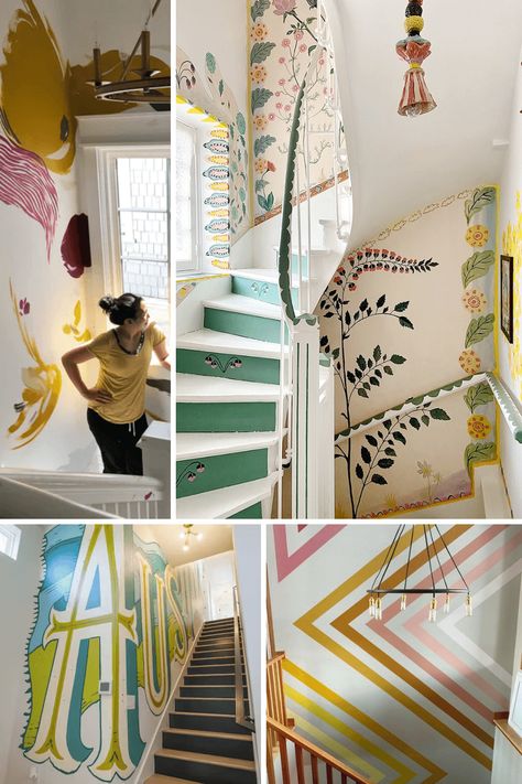 From Boring to Beautiful: 10 Stairwell Decorating Tips Fun Stairwell Ideas, Long Stairway Wall Decor, Spiral Staircase Decor Ideas, Stairwell Mural Ideas, Stairway Mural Ideas, Enclosed Staircase Decor, Space Above Stairs, Stairway Mural, Stairwell Mural