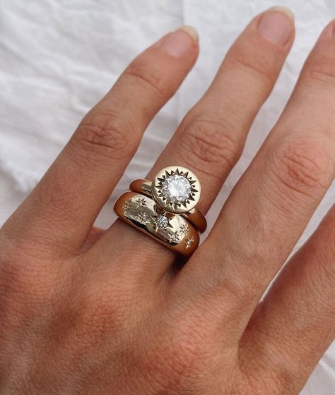 Chunky Band Wedding Ring, Funky Wedding Band, Flush Setting Ring, Funky Engagement Rings Unique, Chunky Gold Engagement Ring, Thick Engagement Rings, Eclectic Engagement Rings, White Sapphire Rings, Star Engagement Ring