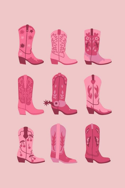 Trendy Cowgirl Boots, Shower Memes, Pink Cowgirl Aesthetic, Cowgirl Illustration, Cowgirl Poster, Valentines Wallpaper Iphone, Collage Pieces, Pink Cowboy Boots, Pink Cowgirl Boots