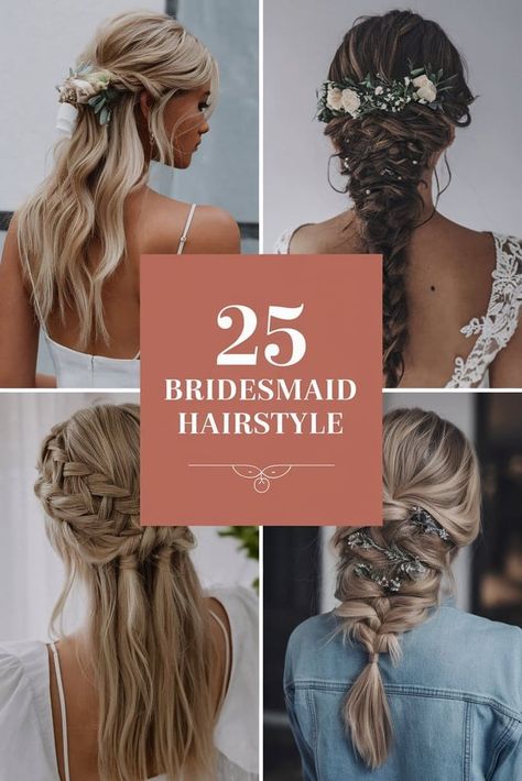 Bridesmaid hairstyles elevating wedding party looks with elegance. Explore updo designs, romantic braids, and flowing curls for bridesmaids. Discover bridesmaid hairstyle ideas featuring floral accessories, sleek buns, and half-up half-down styles. Find inspiration for bohemian waves, classic chignons, and coordinating bridesmaid hair looks. Get styled with these beautiful hairstyles perfect for complementing the bride and enhancing wedding day glamour. Braided Maid Hairstyles, Braid For Wedding Bridesmaid, Bridesmaid Hair With Strapless Dress, Elegant Bridesmaid Hairstyles, Bridesmaid Hairstyle Ideas, Bridesmaid Hair Half Up Braid, Bridesmaid Hair Braid, Bridesmaid Hairstyle, Memories Last Forever