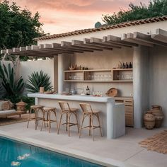 https://pin.it/OLrilD6FE Pool Barbecue Area, Entertainment Area Outdoor With Pool, Backyard Pool With Bar, Pool And Bar Ideas, Outdoor Kitchen Next To Pool, Boho Bar Design, Lanai Bar Ideas Florida, Tranquil Backyard Ideas, Bar By Pool