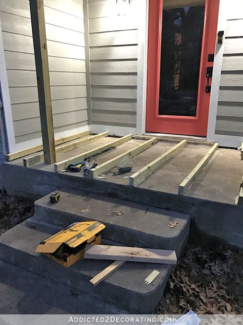 Finished Front Porch Floor (Wood Front Porch Built Over Existing Concrete Porch) - Addicted 2 Decorating® Pallet Stairs Outdoor, Exterior Refresh, Deck Over Concrete, Stairs Outdoor, Pallet Stairs, Concrete Front Porch, Concrete Patio Makeover, Porch Kits, Johnson House