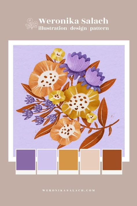 Violet, Lavender, Copper, Mustard Yellow, Cream, Beige, color palette, color palettes, colour palette, colour palettes, color inspiration, color swatches, color palette design, color palette ideas, color ideas, procreate color palette, autumn color palette, fall color palette, color trends, inspiring color schemes, color schemes, bright color palette, autumn colors, autumn colours, fall colors, fall colours, rustic colors, earthy colors Mustard Color Scheme, Violet Color Palette, Composition Illustration, Lavender Color Palette, Beige Flowers, Pattern Design Illustration, Procreate Color Palette, Palettes Color, Floral Composition