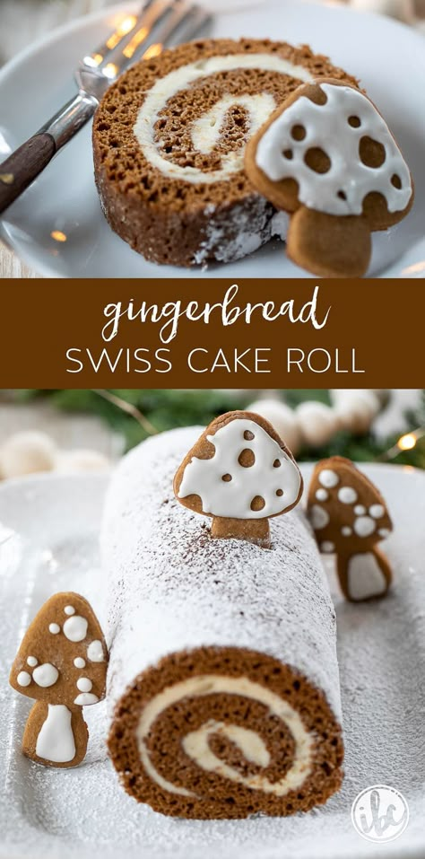 Swiss Cake Roll Recipe, Gingerbread Roll, Decorated Cake Roll, Swiss Cake Roll, Christmas Cake Roll, Gingerbread Cakes, Homemade Christmas Cake, Rollie Pollie, Swiss Cake