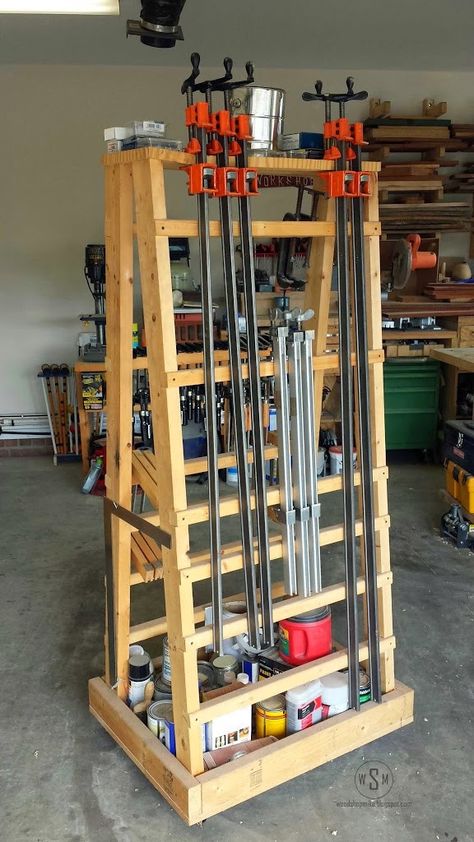 Clamp Rack Diy Clamp Rack, Clamp Rack Woodworking, Clamp Storage, Downloadable Woodworking Plans, Diy Garage Storage Cabinets, Garage Organization Tips, Woodworking Shop Layout, Woodworking Clamps, Woodworking Books