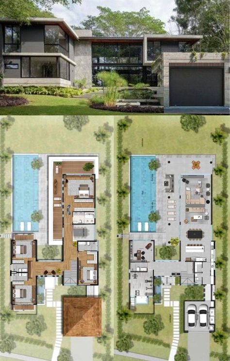 One Floor House Design Modern With Pool, Modern Farm Layout, 400 M2 House Plan, Tropical Modernism House, Morden House Design Exterior, Modern Mansion Layout Floor Plans, L House Plans 2 Floor, Modern Courtyard House Design, Contemporary House Layout