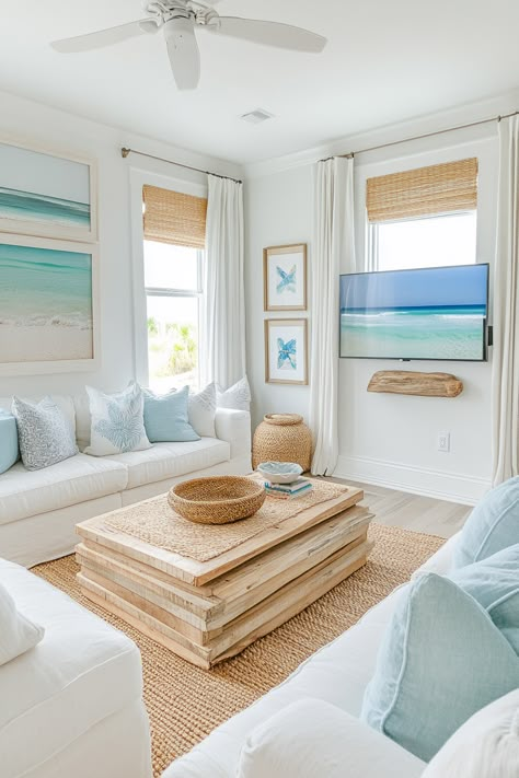 Discover this serene living room decor inspired by beachy vibes. Soft blues and natural textures create a calm and inviting space. Perfect for those seeking coastal elegance in their home. #LivingRoomDecor #CoastalDecor #HomeDesign Costal Aesthetic House, Beach Aesthetic Apartment, Small Coastal Living Room Ideas, Beach Aesthetic Living Rooms, East Coast Living Room, Beachy Living Room Ideas, Beach Living Room Decor, Coastal Apartment Decor, Charleston Apartment