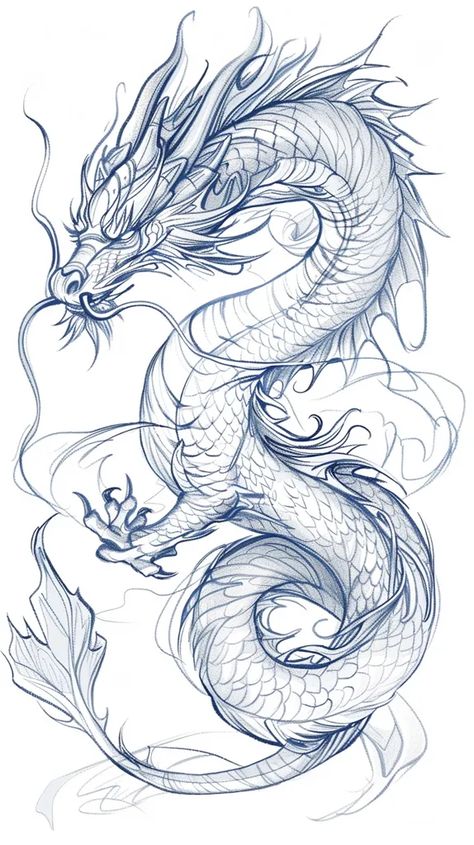 Dragon Wrapped Around, Simple Chinese Dragon Tattoo Outline, Chinese Dragon Line Art, Dragon Stencil Tattoo, Detailed Art Drawings, Sketches Of Dragons, Vietnamese Dragon Tattoo, Large Dragon Tattoo, How To Draw A Dragon