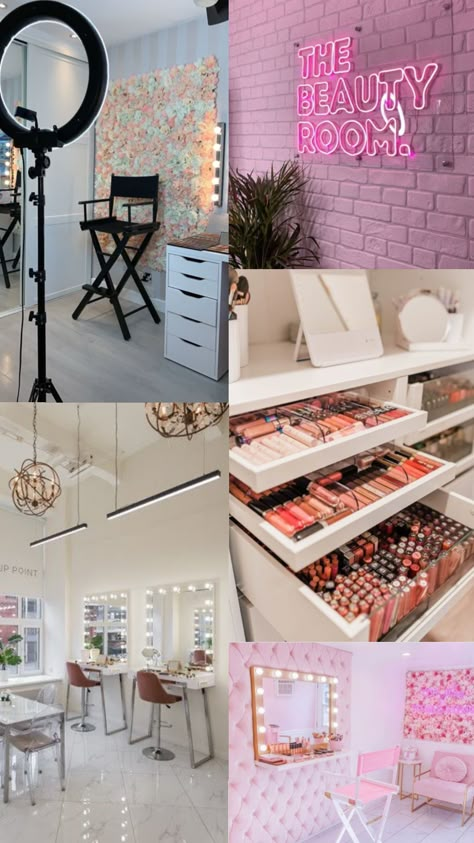 Make Up Artist Room Decor, Beauty Studio Interior Ideas, Mini Makeup Studio Ideas, Makeup Artist Studio Design, Make Up Artist Studio Decor, Mini Makeup Studio At Home, Mua Room Makeup Artists, Makeup Buisness Ideas, Makeup Artist Office