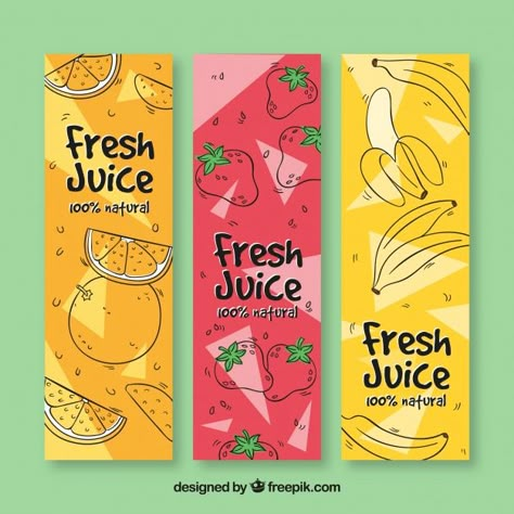 Set of three hand drawn fruit banners Fruit Graphic Design, Summer Graphic Design, Deco Fruit, Fruit Art Print, Fruit Designs, Juice Branding, Juice Packaging, Bottle Design Packaging, Brand Pattern