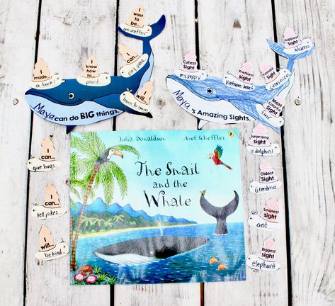 Perfect craft for "The Snail and the Whale" by Julia Donaldson and Axel Scheffler: a summertime reading adventure for exploring the world, and reminding ourselves that we no matter our size, we can do BIG things.
Read aloud  "The Snail and the Whale" or watch MaiStoryBook's FREE interactive read aloud video. Encourage students to create their own Whale and Snail crafts to record what BIG things they can do and/or what Amazing sites they've seen in the world around them.

Youtube: MaiStoryBook The Snail And The Whale Activities Eyfs, Snail And The Whale Activities, Snail Crafts, The Snail And The Whale, Whale Craft, Whale Party, Snail And The Whale, Whale Crafts, Snail Craft