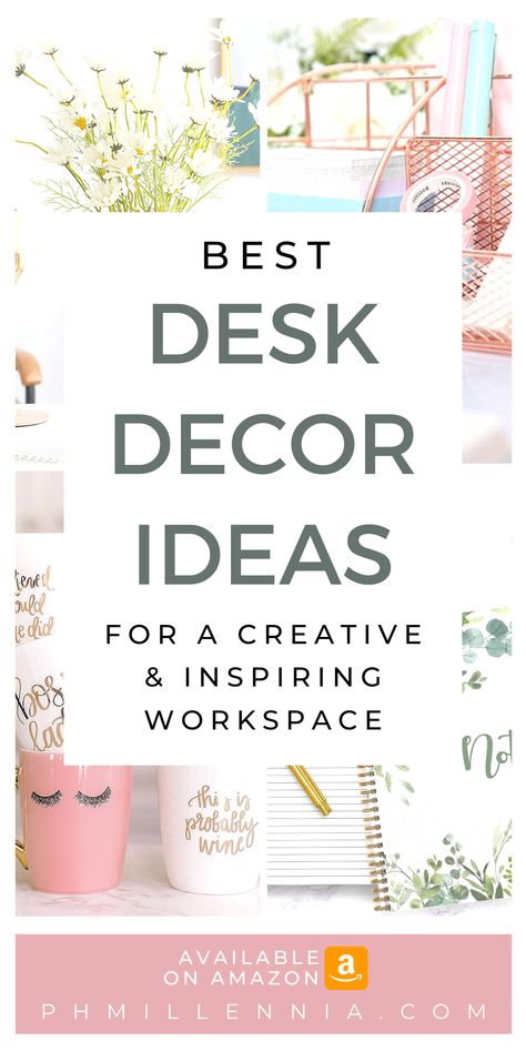 Whether you’re a minimalist or maximalist there are countless ways to personalize your desk & turn it into a space that reflects your personality & inspires you to do your best work. Discover the best desk decor ideas to help you create a workspace that is both stylish & functional. From practical items like desk organizers to motivational items like desk plants, explore the most creative & inspiring desk decor ideas that can help transform your workspace into a place you’ll love to work in. Front Home Office Ideas, Work Desk Fall Decor, Work Room Decor Home Office, Styling A Desk Top, Womens Desk Ideas, Small Desk Area Organization, Desk Configuration Office, Home Desk Inspiration, Work Desk Lamp