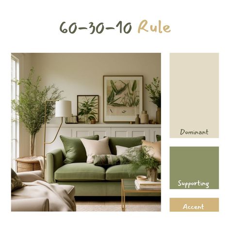 𝟲𝟬-𝟯𝟬-𝟭𝟬 𝗿𝘂𝗹𝗲 A classic principle in interior design that helps create a balanced and harmonious color scheme in a space. Here’s how it works: 60% of the room should be in the dominant color, which sets the overall tone and is typically a neutral or subdued hue. This includes walls, large area rugs, and perhaps a sofa. 30% is the secondary color that supports the dominant color and adds depth. This could be for curtains, accent chairs, or bedding. 10% is for the accent color, which provides... Natural Home Living Room, Beige Walls Green Couch, Home Interior Design Color Schemes, Green And Gold Living Room Color Scheme, Green And Oatmeal Living Room, Olive Green And Taupe Living Room, Living Room Cool Tones, Boho Living Room Color Palette, Living Room Colors Green