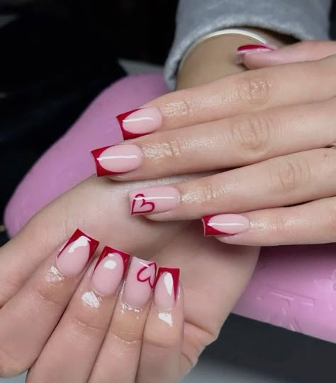 Heart In Corner Of Nail, Valentine Nail Set Short, Red Tips Valentines Day Nails, Nail Inspo Square Valentines, Valentines French Tips Nails, Dark Red French Tip Nails With Heart, Cute Valentines Nails Coffin, Valentines Nails With French Tip, Valentines Nails Ideas With Initial