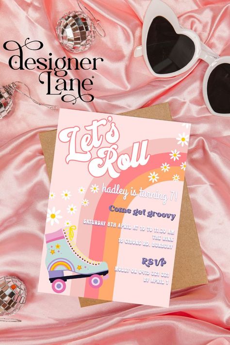 The 90's are back BABY and I am Vibing!!! Retro, Disco, Skating & Fun. What more could your Groovy gal want for a party invitation right!? 80s Skate Party, Disco Skating, Roller Skating Birthday Party, Skating Birthday Party, Groovy Daisy, Rainbow Invitation, Daisy Theme, Treat Bag Toppers, Straw Flags