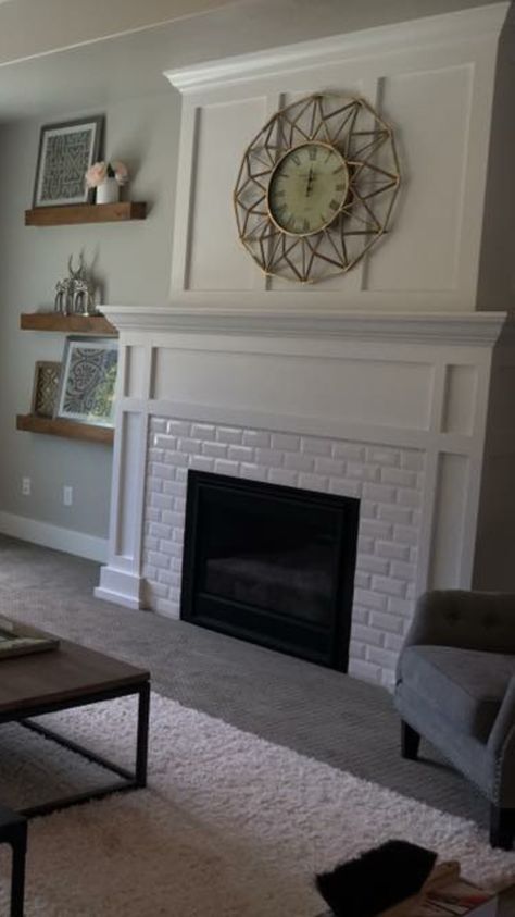 White subway tile fireplace with craftsman mantel. ❤️LOVE❤️ White Subway Tile Fireplace, Fireplace Retile, Fireplace Rennovation, Subway Tile Fireplace, Tile Fireplaces, Fireplace Mantel Ideas, Victorian Fireplaces, Fireplace Drawing, Craftsman Fireplace