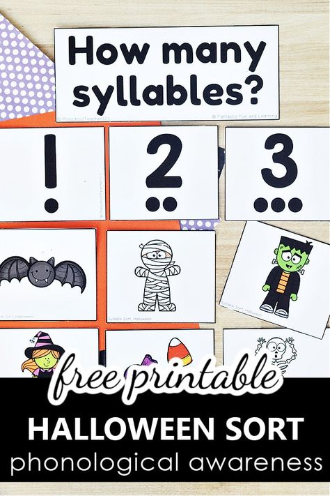 Free printable Halloween syllable sort activity for phonological awareness practice in preschool, kindergarten or first grade. Halloween literacy activities for kids. October Math Activities Kindergarten, Halloween Activity Kindergarten, Halloween Party Kindergarten Activities, Kindergarten Buddy Activities, Halloween In Kindergarten, Halloween Activities For First Grade, Pumpkin Kindergarten Activities, Syllable Activities Preschool, Free Syllable Activities