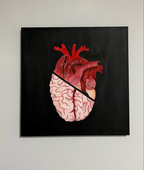 Brain Painting Creative, Brain Painting Abstract, Doctor Painting Art, Overthinking Painting Ideas On Canvas, Real Heart Painting, Brain Painting Acrylic, Brain And Heart Drawing, Anatomy Canvas Painting, Heart And Brain Art