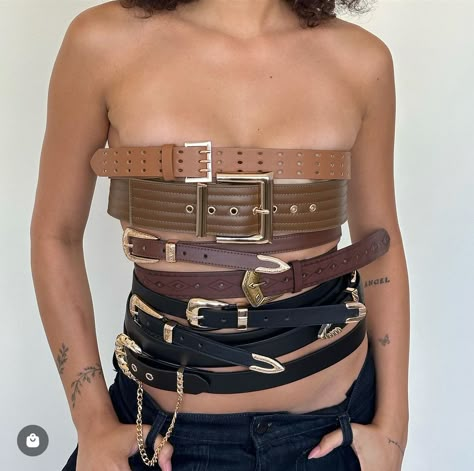 Belt As Top, Belt Top Outfit, Belt Photoshoot, Layered Belts, Afrofuturism Fashion, Belts Aesthetic, Diesel Belt, Bra Outfit, Beautiful Photoshoot Ideas