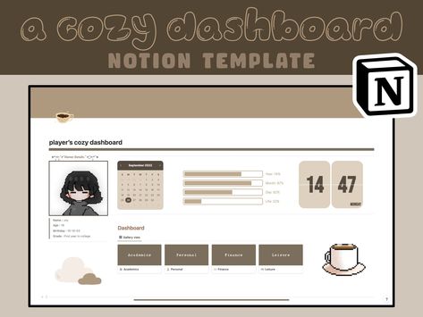 Cozy Dashboard | Aesthetic & Minimal Notion P Notion For School, Minimal Notion Template, Notion For Students, Minimal Notion, Dashboard Aesthetic, Notion Planner Template, Study Planner Free, Notion Ideas, Notion Dashboard