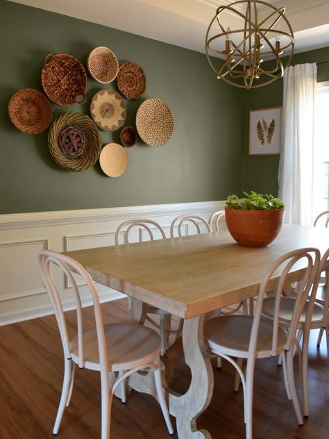 Cool Paint Shade Ideas We Love: Blue, Green, Purple and More | HGTV Green Rustic Dining Room, Half Green Wall Dining Room, Boho Green Dining Room, Avocado Green Dining Room, Green And Yellow Dining Room, Pale Green Dining Room, Sage Green Dining Room Decor, Light Green Dining Room Walls, Nature Inspired Dining Room