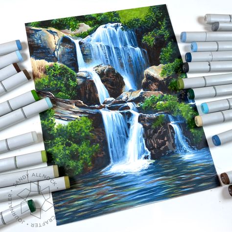 Cool Waterfall (Copic Marker Drawing) - Sandy Allnock Marker Landscape, Landscape Markers, Waterfall Drawing, Copic Marker Drawings, Art Markers Drawing, Copic Drawings, Markers Drawing Ideas, Sandy Allnock, Copic Marker Art