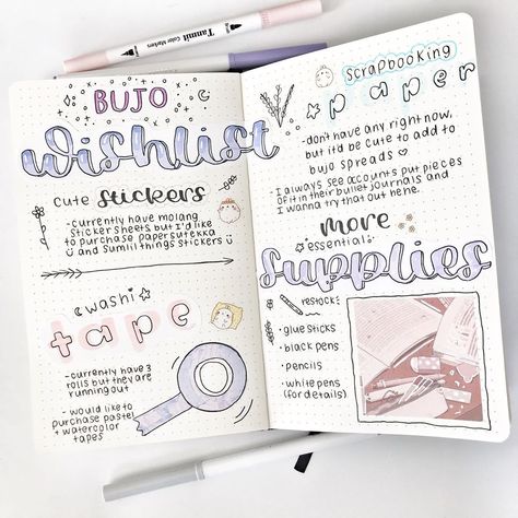 sundstudies ☾ on Instagram: “bujo wishlist ʕ •ᴥ•ʔ this spread was really fun to make hehe 🍰 Ik this doesn’t really look like any of @celinx.cng ‘s posts but I get…” Bujo Wishlist Spread, Wishlist Bullet Journal, Bujo Wishlist, Bullet Journal Paper, Journal Ideas Pages, School Aesthetic, Journal Inspo, Bullet Journal Ideas Pages, Journal Paper