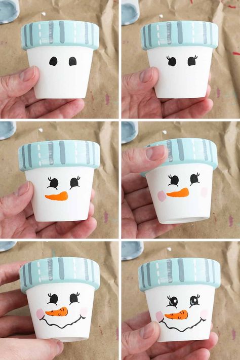 DIY painted snowman pot Nutcracker Terra Cotta Pots, Snowman Terra Cotta Pot Crafts, Reindeer Terra Cotta Pot Crafts, Easy Clay Christmas Decorations, Clay Pot Snowman Terra Cotta, Terra Cotta Pot Christmas Crafts, Terracotta Pot Christmas Crafts, Flower Pot Painting Ideas Christmas, Christmas Painted Clay Pots