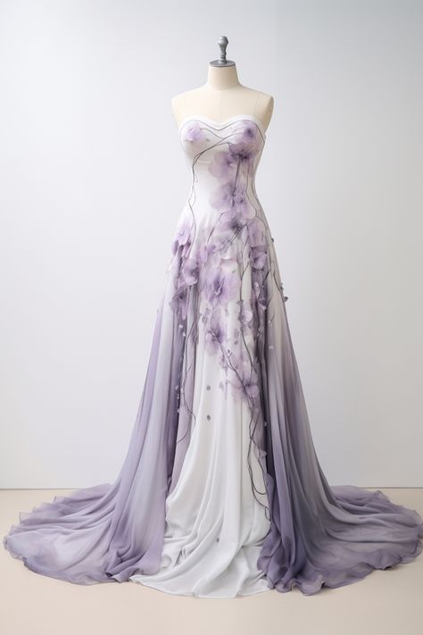 Lavender flower inspired gown Wedding Dresses Lavender And White, Lavender Purple Wedding Dress, Purple Accent Wedding Dress, Light Purple And White Wedding Dress, Light Lavender Wedding Dress, Purple Wedding Dress The Bride Lavender, Wedding Dresses With Purple Accents, Lavender Wedding Gown, Purple And White Prom Dress