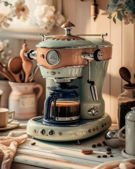 Vintage Look Appliances, Vintage Inspired Appliances, Vintage Style Appliances, Kitchen With Retro Appliances, Retro Coffee Maker, Retro Coffee Machine, Retro Appliances Kitchen, Steam Punk Kitchen, Coffee Machine Vintage