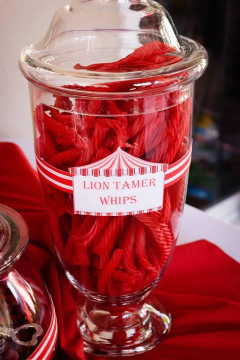 Lion tamer whips for the circus candy buffet! | Circus Birthday Party Dumbo Party Food, Carnival Birthday Party Theme Food, Vintage Circus Baby Shower Theme, Circus Birthday Party Food, Circus Theme Baby Shower Ideas, Circus Theme Food, Carnival Birthday Party Food, Circus Theme Party Food, Circus Food Ideas