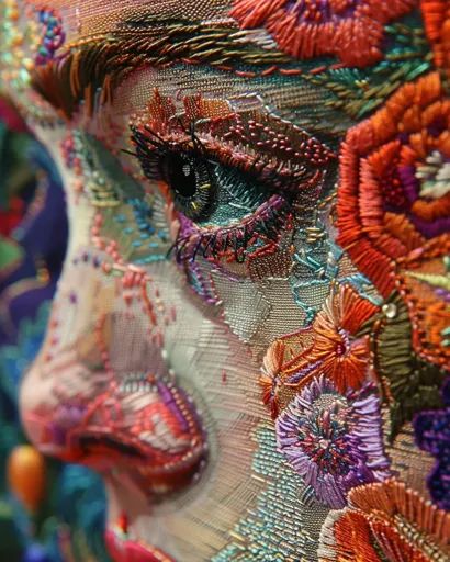 ↑↑↑ Larger size on website 🔸 A close-up of a face embroidered with colorful threads, focusing on a single eye. The embroidery is  🔸 From Midjourney AI Image Embroidered Portrait Faces, Embroidery Face, Embroidered Portrait, Longer Eyelashes, Spring Painting, Gcse Art, Human Face, Photographic Art, Portrait Artist