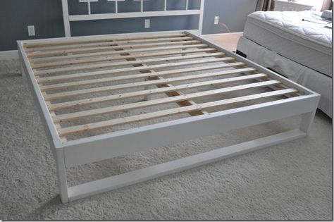 Inexpensive and easy queen bed frame . Also has sizes for twin and full. Great tutorial with pictures and item list. Queen Bed Diy, Diy Bed Frame Plans, Platform Bed Ideas, Free Furniture Plans, Diy Beds, Bed Frame Plans, Simple Bed Frame, Diy Platform Bed, Built In Bed