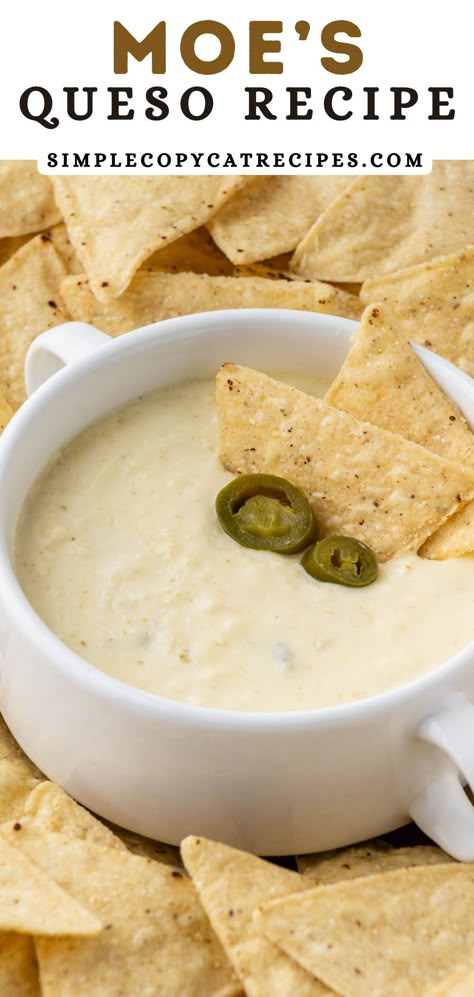 This Moe's Queso recipe is a creamy and flavorful blend of melted cheeses, spices, and peppers, creating a savory queso that's both versatile and irresistible. Whether used for dipping, topping or enjoyed on its own, it's a delicious Tex-Mex favorite that adds the perfect touch to any meal. Copycat Moes Queso, Moe’s Queso Recipe, Homemade Mexican Cheese Sauce, Cheese Sauce Recipe For Nachos, Fuzzy's Queso Recipe, Queso Dip Stove Top, Authentic Mexican Queso Dip, Queso With Evaporated Milk, Taco Cabana Queso Recipe