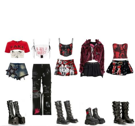 red and black, rockstar, punk vibes, stage outfit Red And Black Outfits For Concert, Band Member Outfits, Black And Red Performance Outfit, Punk Stage Outfits, Red And Black Concert Outfit Ideas, Red Kpop Outfits, Stage Performance Outfits Kpop, Kpop Stage Outfits Ideas 5 Members, Stage Outfits Red