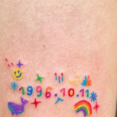 Colorful Doodle Tattoo, Color Only Tattoo, Childish Tattoos, Clowncore Tattoo, Sprinkles Tattoo, Colourful Tattoo Ideas, Small Color Tattoo, Crayon Tattoo, Coloured Tattoos