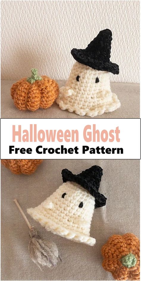 Crochet Ghost And Pumpkin Pattern, Beginner Crochet Projects Halloween, Free Halloween Crochet Patterns For Beginners, Pumpkin Ghost Crochet, Free Mini Ghost Crochet Pattern, October Crochet Patterns, Halloween Crochet Tutorials, Knitted Ghost Pattern, Halloween Decoration Crochet