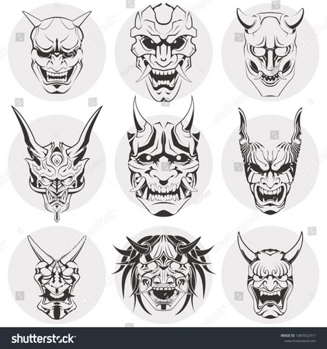 A set of Japanese masks of kabuki. Masks with different emotions. Sinister masks of Japanese demons and monsters #Ad , #Ad, #masks#kabuki#set#Japanese Hannya Maske Tattoo, Demons Tattoo, Tattoo Japonais, Japanese Demon Tattoo, Japanese Demon Mask, Japanese Mask Tattoo, Japanese Oni Mask, Tattoo Line Art, Japanese Masks