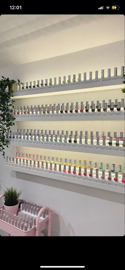 Nail Section Salon, Gel Polish Wall Display Ideas, Nail Shop Asethic, Nail Tech Room Astethic, Nail Business Decor, Nail Room Decor Ideas Black, Nail Tech Wall Decor, Nail Salon Inspiration, Nail Salon Shed Ideas