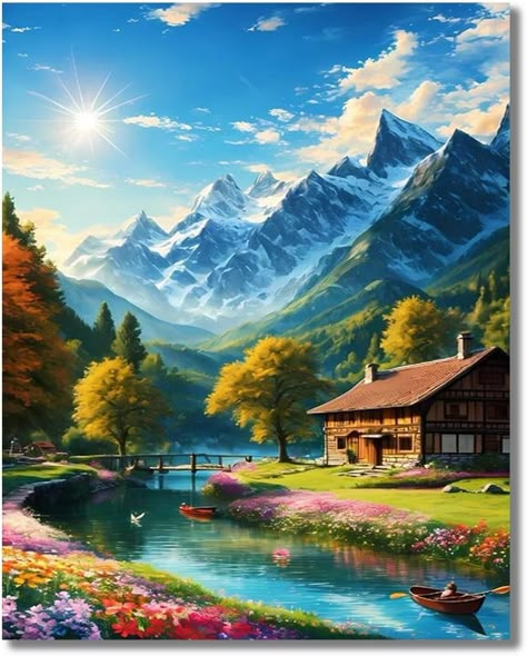 Snow Mountain Landscape, Beautiful Paintings Of Nature, Mountain Landscape Painting, Art Painting Diy, Scenery Paintings, Beautiful Art Paintings, Diamond Art Painting, Landscape Paintings Acrylic, Landscape Art Painting