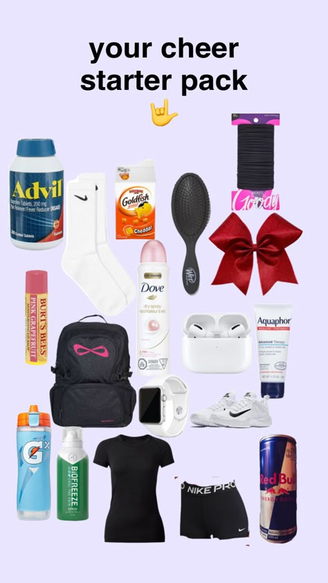 Cheer Bag Essentials Practice, Cheer Camp Essentials, What To Pack For Cheer Practice, What To Put In Your Cheer Bag For Practice, Cheer Coach Bag Essentials, Cheer Stuff Ideas, Cheer Practice Themes, Cheer Coach Aesthetic, Cheer Must Haves