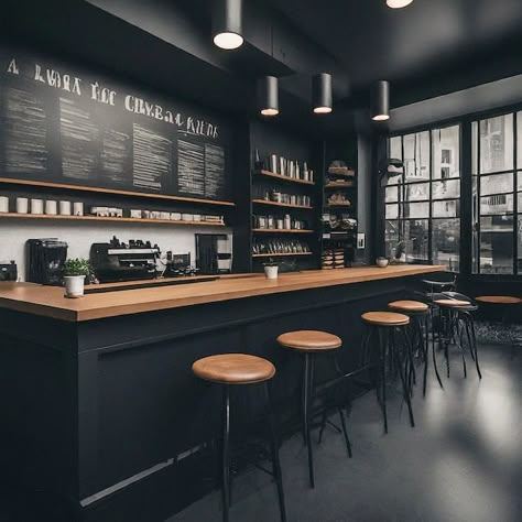 Minimalist Industrial Cafe Interior Design, Industrial Coffeshop, Black Coffee Shop Aesthetic, Black Restaurant Interior, Industrial Design Interior Cafe, Coffee Shop Counter Design, Moody Coffee Shop, Industrial Coffee Shop Design, Black Coffee Shop